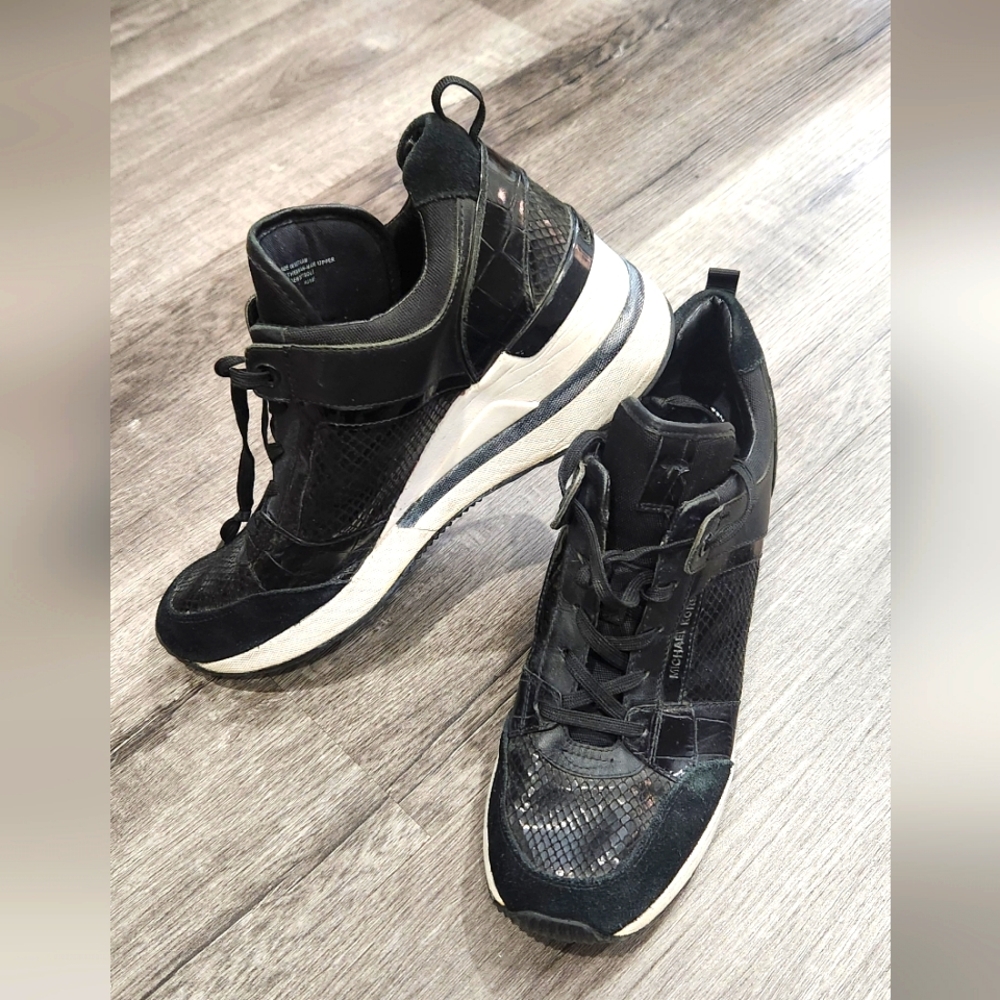Michael Kors Black Leather & Suede Wedge Sneakers – Stylish & Comfortable